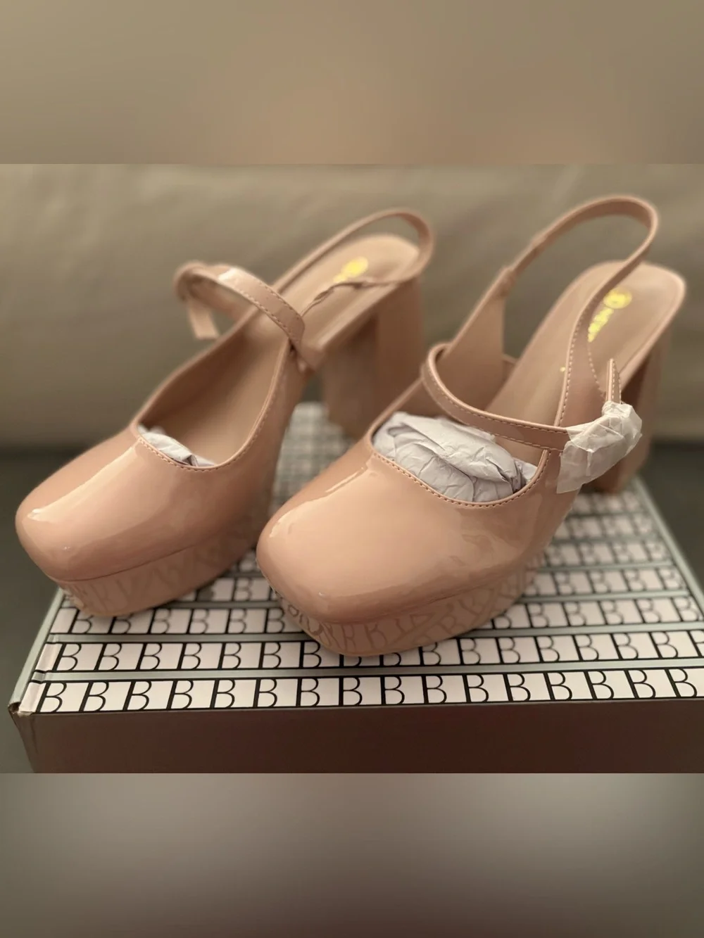 Newbella Women’s Classic Patent Slingback Square-Toe Platform Pumps in Beige 6